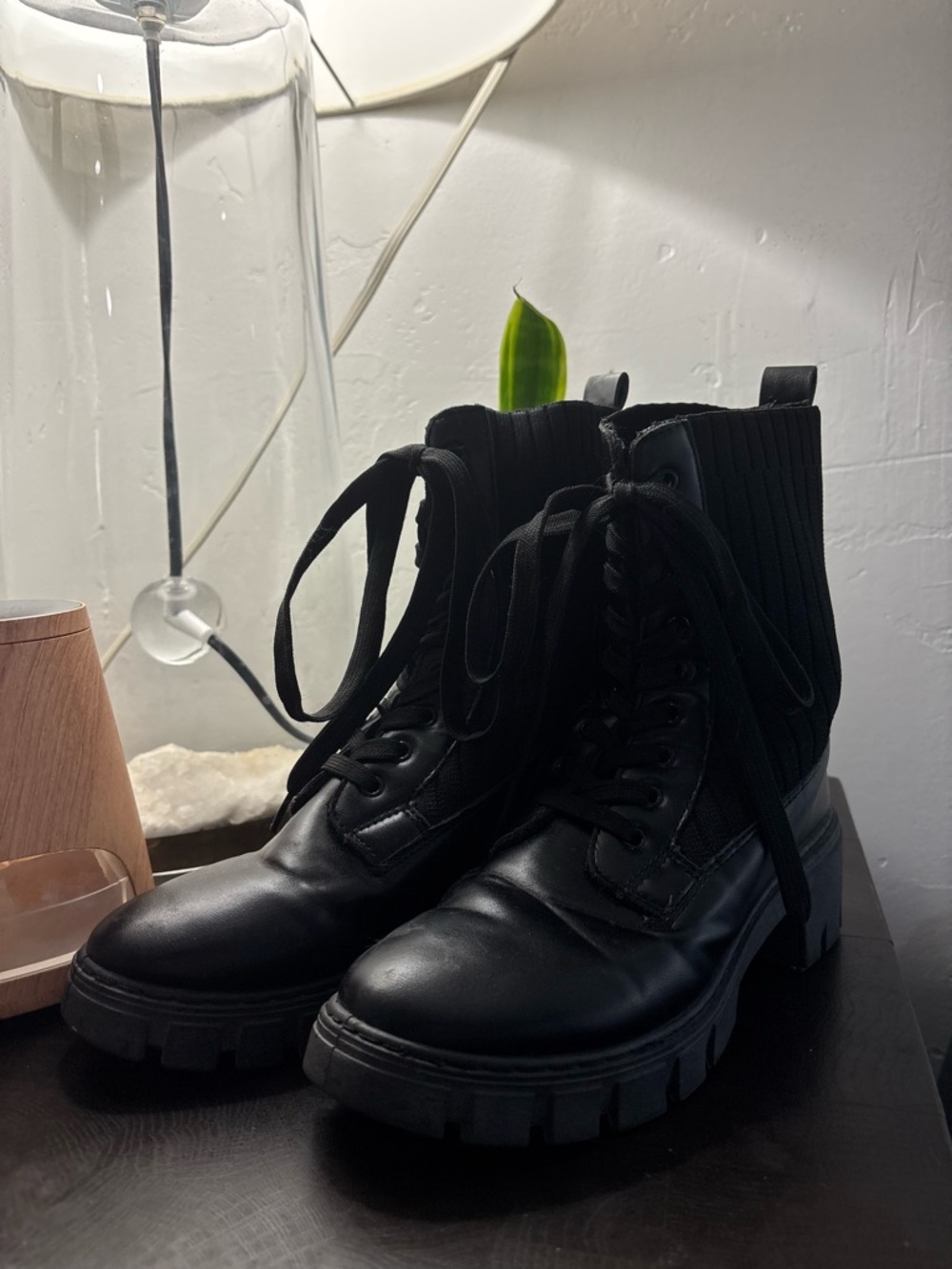 Women's Black Knit-Cuff Combat Boots